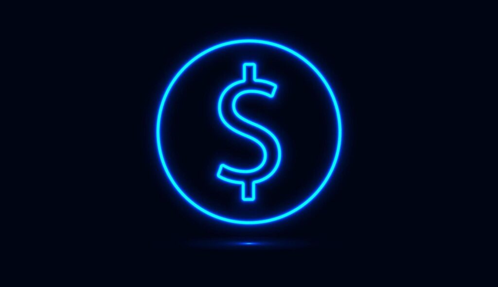 dollar icon with circle blue neon isolated on dark background illustration free vector